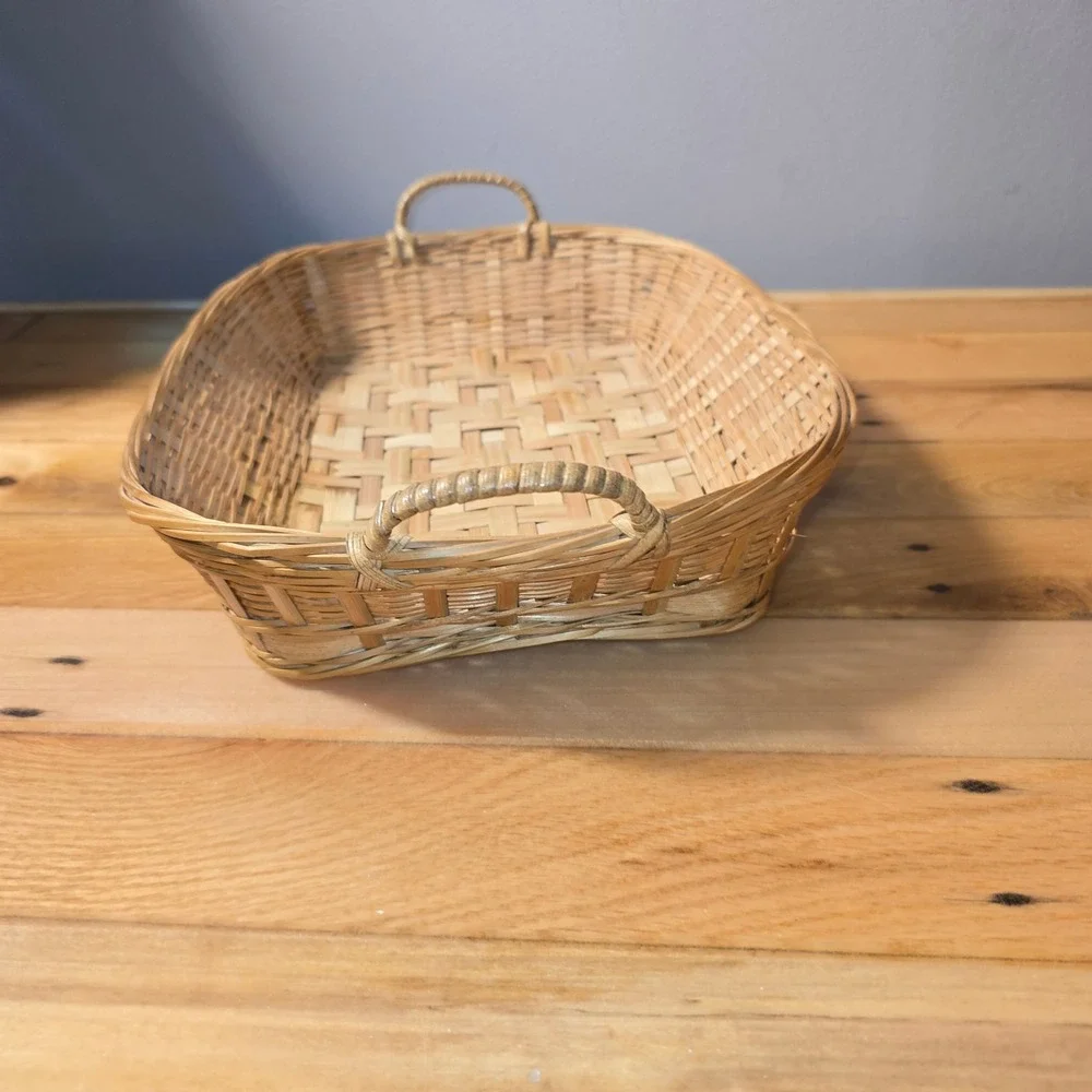 Vintage Woven Wicker Bamboo Serving Tray Basket with Handles Natural Brown